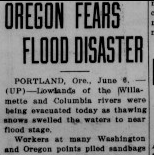 Madera Tribune Article from 1933 Flood "Oregon Fears Flood Disaster"