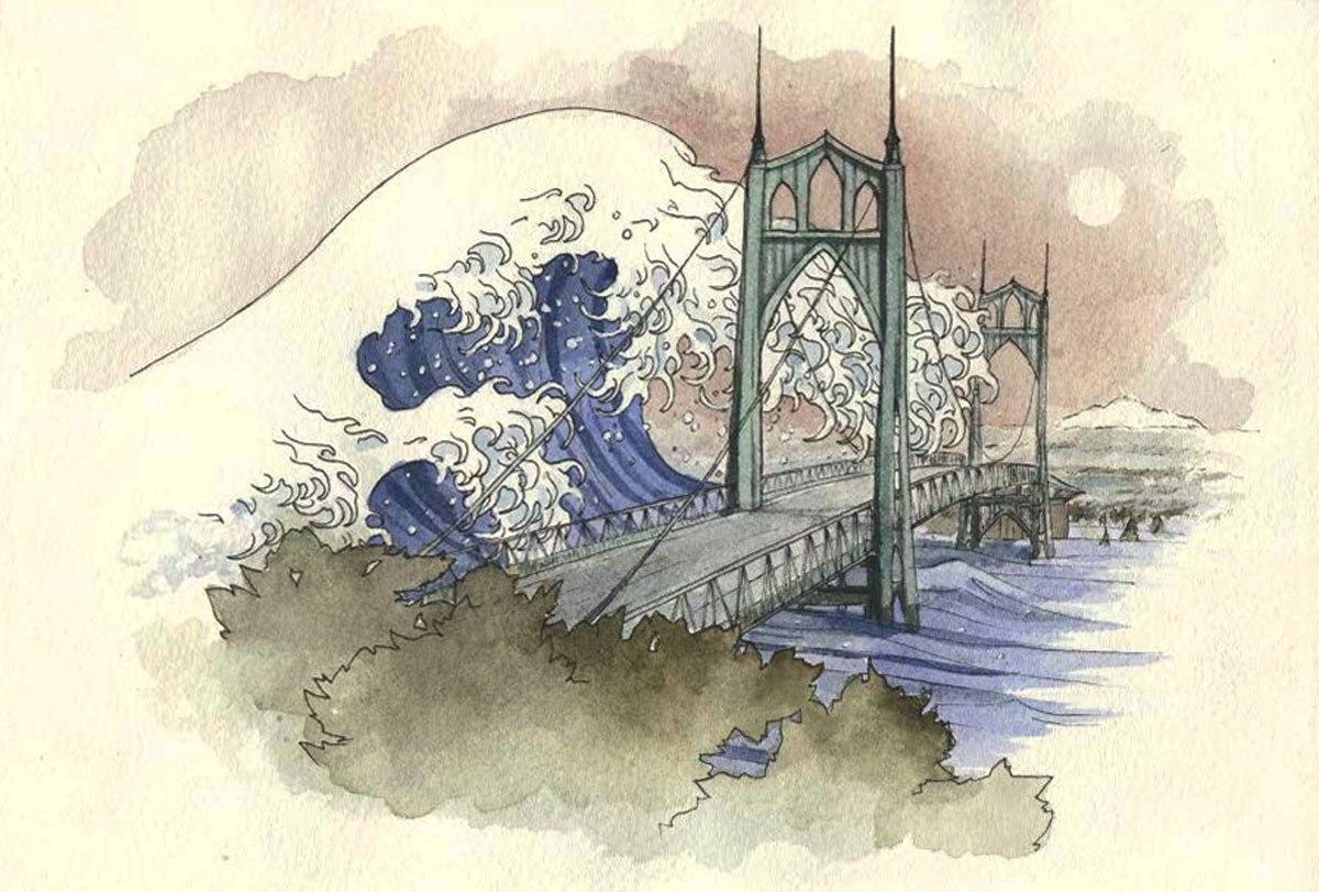 Drawing of a wave coming over the St Johns Bridge used by the Willamette Week for story about flooding