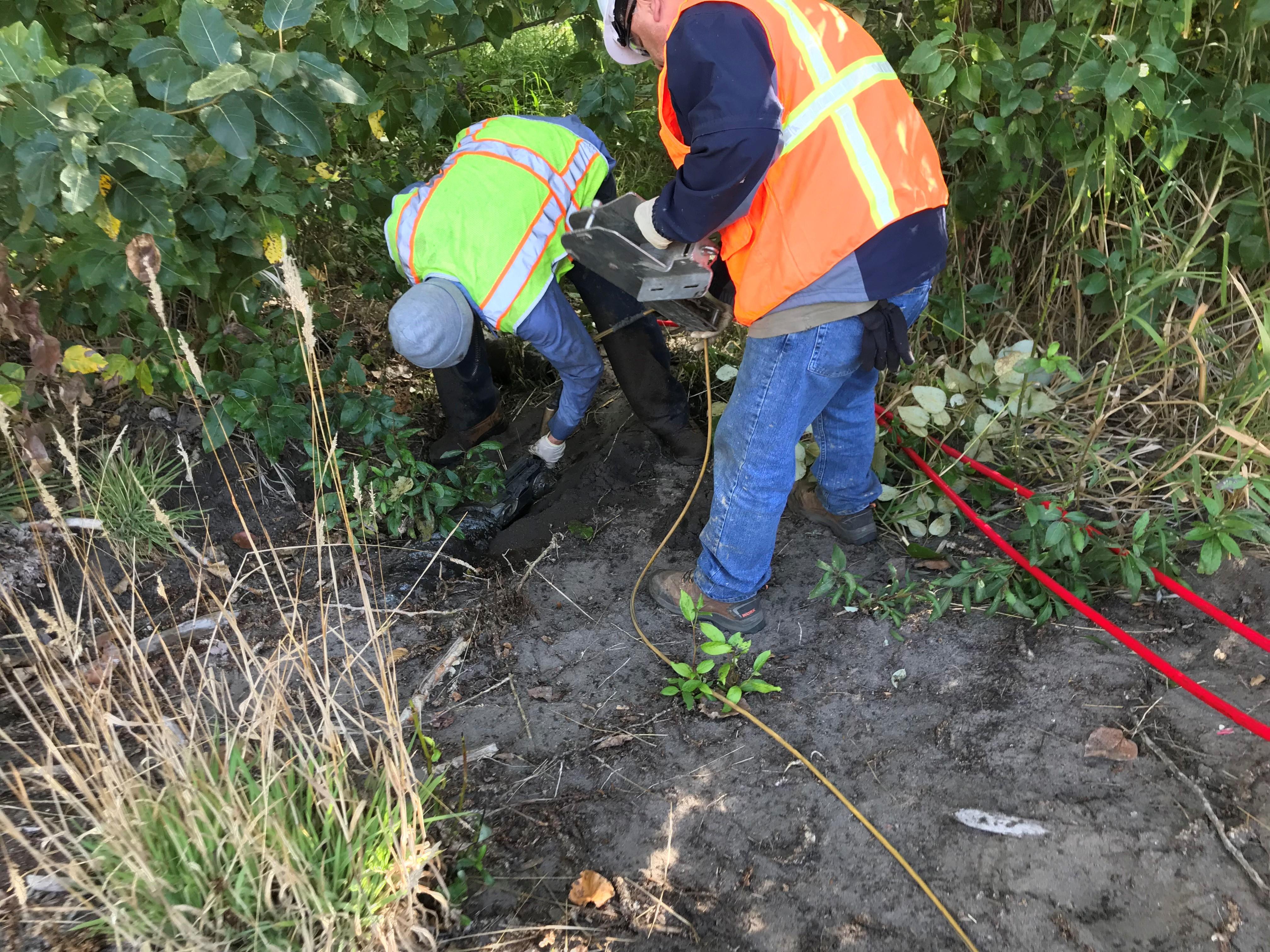 photo of crew members inspecting levee toe drains
