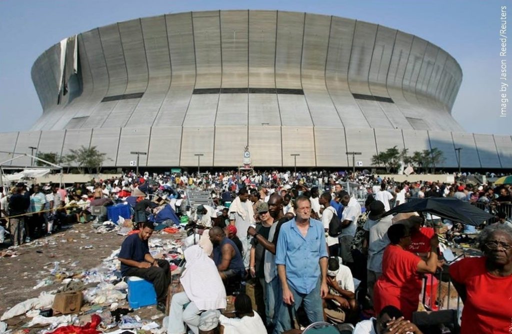 Photo of people camped outside the Superdome in New Orleans after Katrina