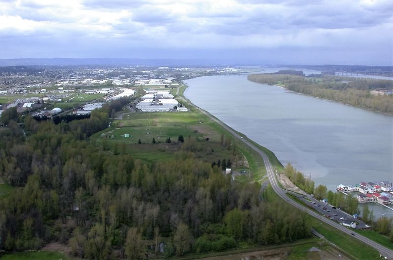 Aerial photo of the Columbia Corridor and Marine Drive in which is located on top of a levee that reduces the risk of flooding from the Columbia River