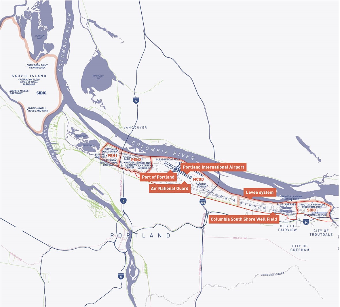 Map of levees in Multnomah County, including on Sauvie Island